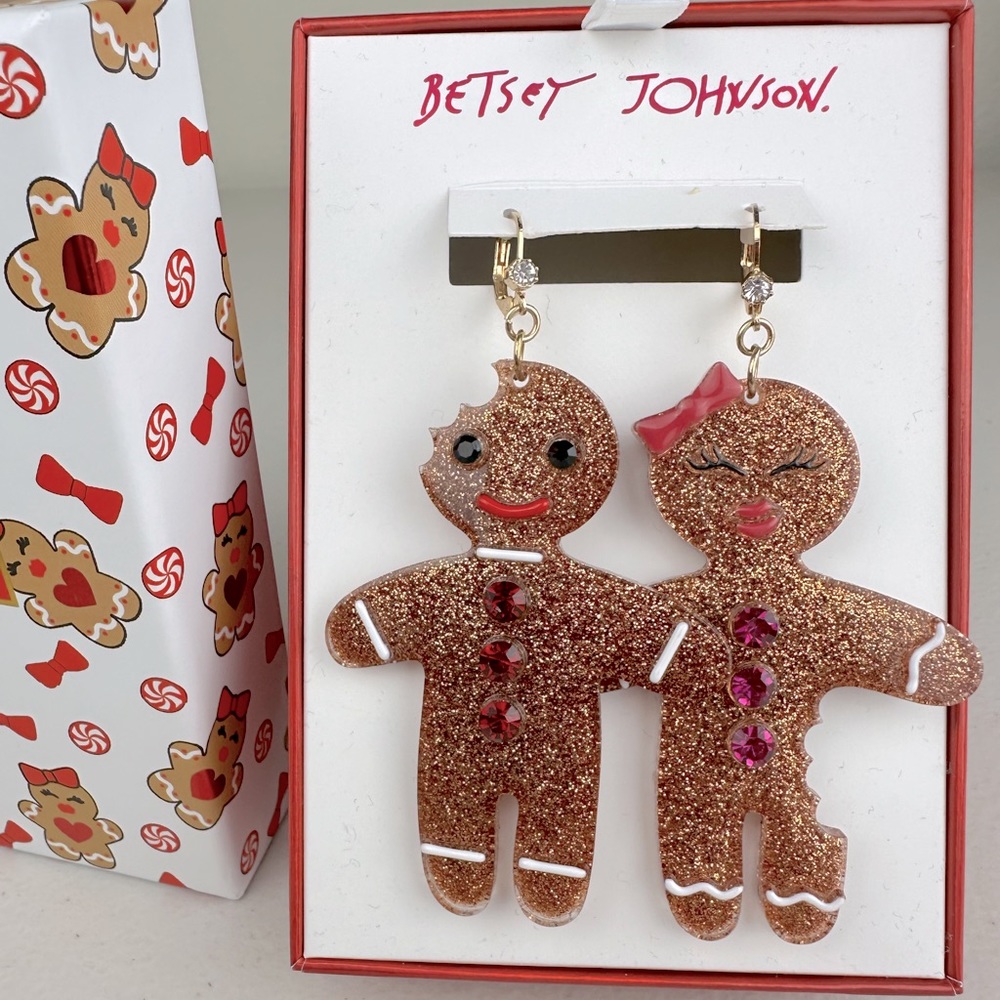 Betsey Johnson Gingerbread Man Earrings, Dangling, Sparkling, Statement‎ NWT